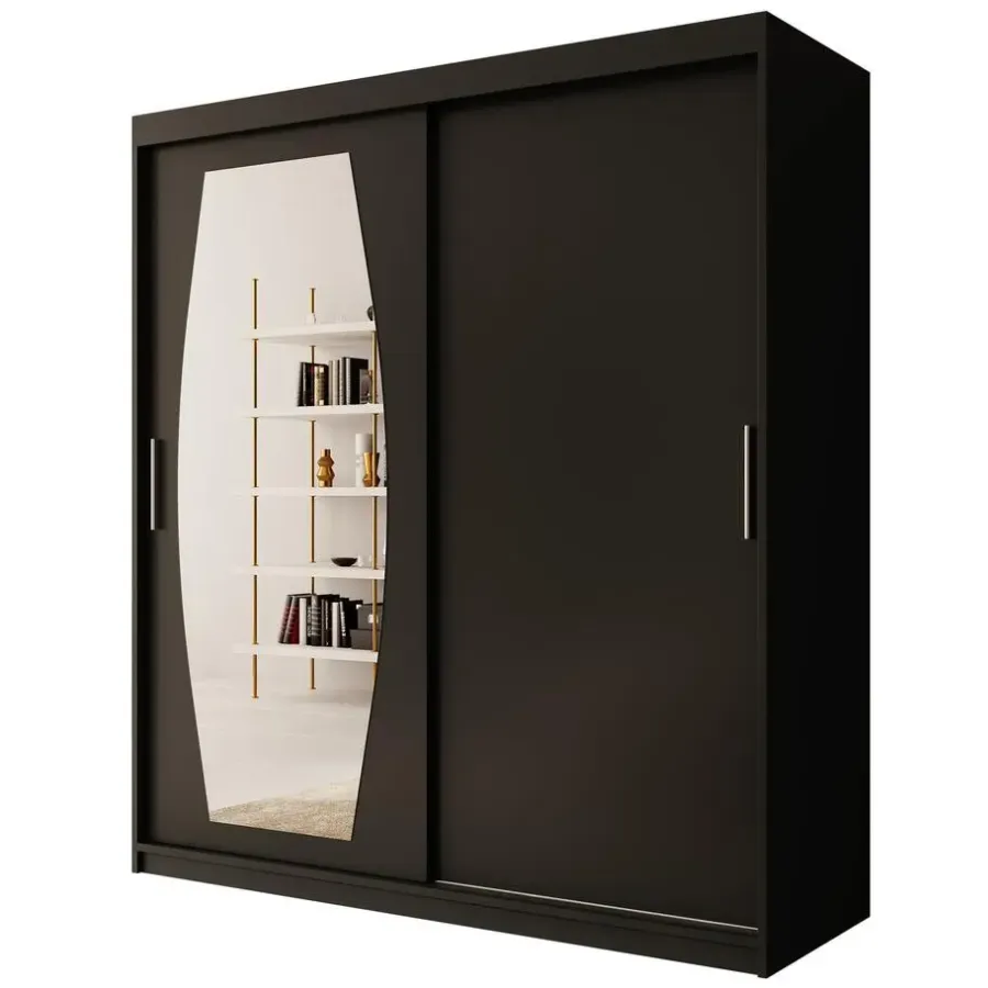 Meubella - Kledingkast Azai - Zwart - 180 cm - Met spiegel