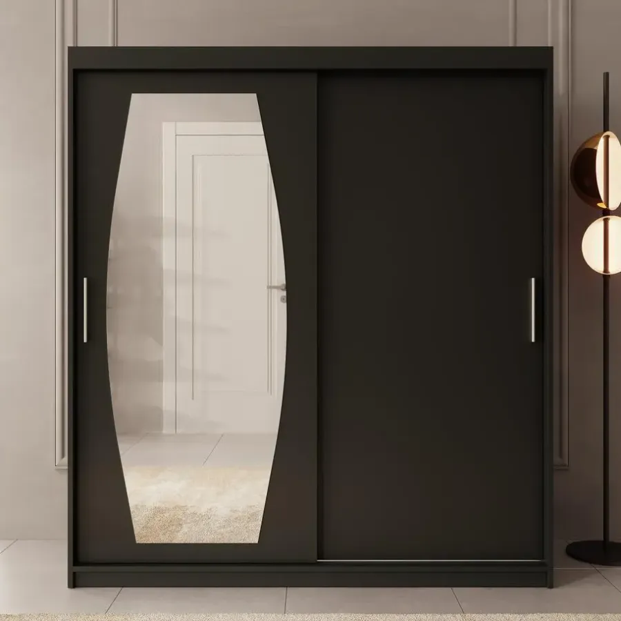 Meubella - Kledingkast Azai - Zwart - 180 cm - Met spiegel