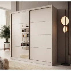 Schuifdeurkasten-Meubella - Kledingkast Azul - Beige - 205 cm - Met spiegel