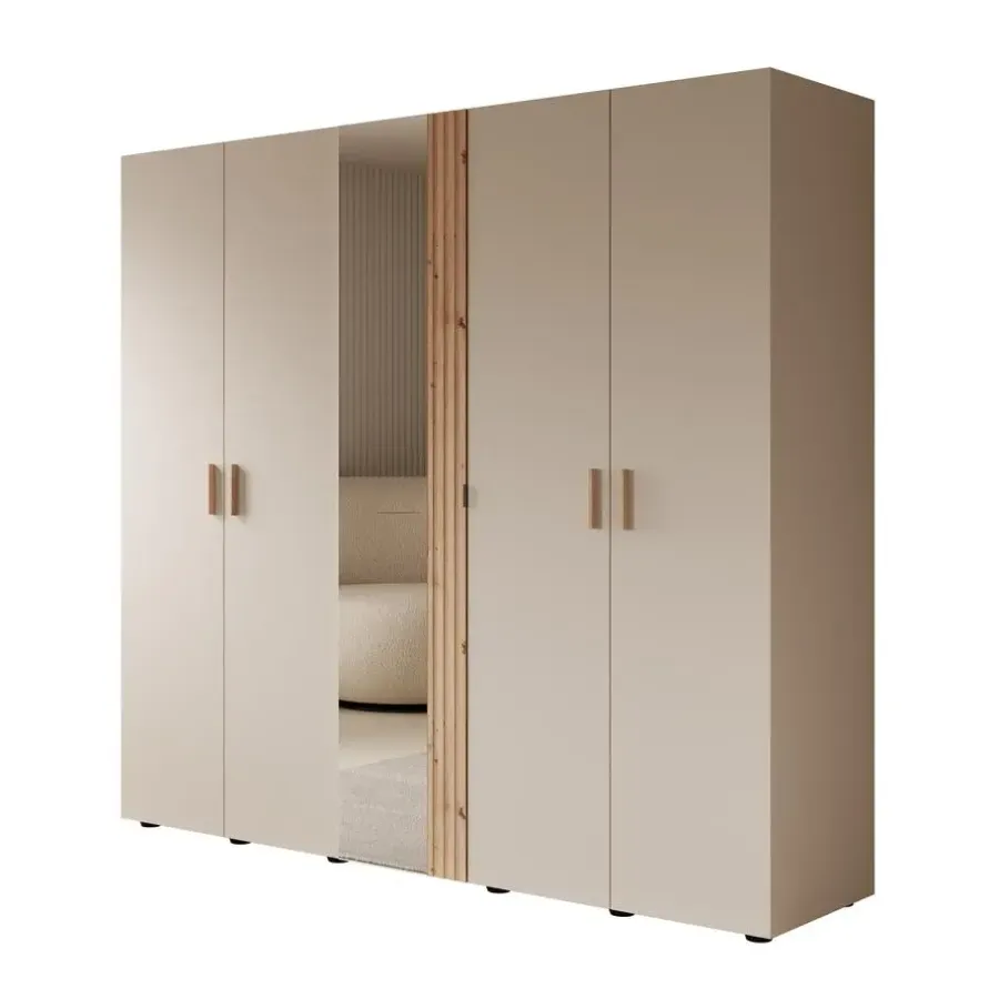 Draaideurkasten-Meubella - Kledingkast Bahia - Beige - 224 cm - Met spiegel