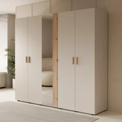 Draaideurkasten-Meubella - Kledingkast Bahia - Beige - 224 cm - Met spiegel