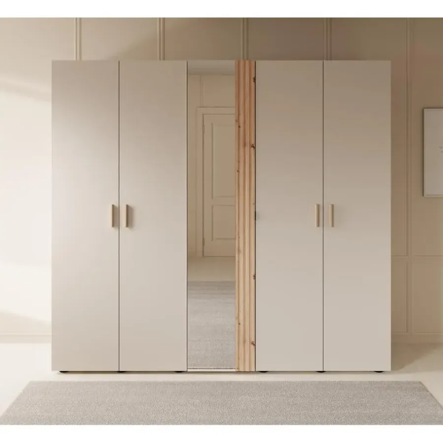 Draaideurkasten-Meubella - Kledingkast Bahia - Beige - 224 cm - Met spiegel