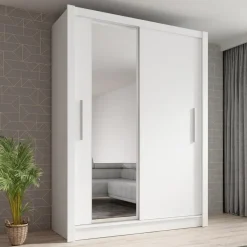 Schuifdeurkasten-Meubella - Kledingkast Bazarre - Wit - 155 cm - Met spiegel