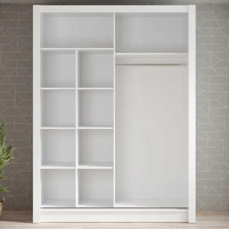 Schuifdeurkasten-Meubella - Kledingkast Bazarre - Wit - 155 cm - Met spiegel