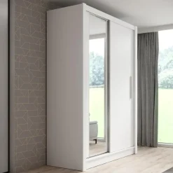 Schuifdeurkasten-Meubella - Kledingkast Bazarre - Wit - 155 cm - Met spiegel