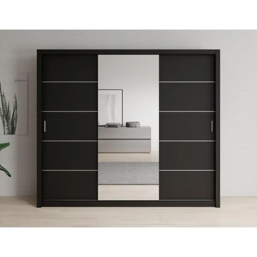 Meubella - Kledingkast Blake - Mat Zwart - 250 cm - Met spiegel
