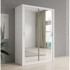 Schuifdeurkasten-Meubella - Kledingkast Blake - Wit - 150 cm - Met spiegel