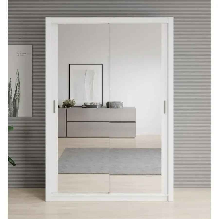Schuifdeurkasten-Meubella - Kledingkast Blake - Wit - 150 cm - Met spiegel