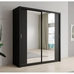 Schuifdeurkasten-Meubella - Kledingkast Blake - Mat Zwart - 200 cm - Met spiegel