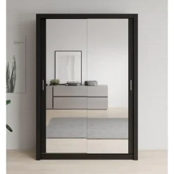 Schuifdeurkasten-Meubella - Kledingkast Blake - Mat Zwart - 150 cm - Met spiegel
