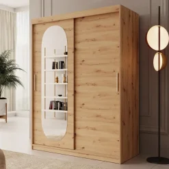 Schuifdeurkasten-Meubella - Kledingkast Bodhi - Eiken - 150 cm - Met spiegel