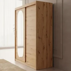 Schuifdeurkasten-Meubella - Kledingkast Bodhi - Eiken - 150 cm - Met spiegel