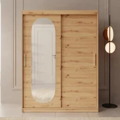 Schuifdeurkasten-Meubella - Kledingkast Bodhi - Eiken - 150 cm - Met spiegel