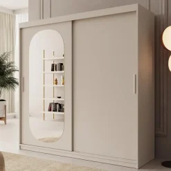 Schuifdeurkasten-Meubella - Kledingkast Bodhi - Beige - 200 cm - Met spiegel