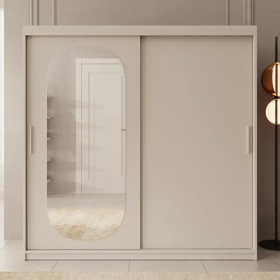 Schuifdeurkasten-Meubella - Kledingkast Bodhi - Beige - 200 cm - Met spiegel