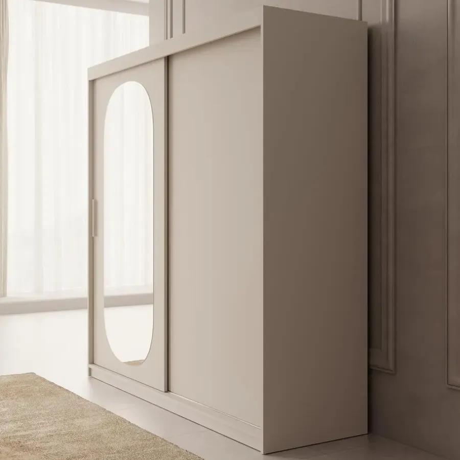 Schuifdeurkasten-Meubella - Kledingkast Bodhi - Beige - 200 cm - Met spiegel