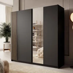 Meubella - Kledingkast Boets - Zwart - Eiken - 200 cm - Met spiegel
