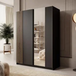 Schuifdeurkasten-Meubella - Kledingkast Boets - Zwart - Eiken - 150 cm - Met spiegel