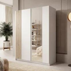 Kledingkasten|Kledingkasten-Meubella - Kledingkast Boets - Wit - Eiken - 150 cm - Met spiegel