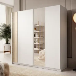 Kledingkasten|Kledingkasten-Meubella - Kledingkast Boets - Wit - Eiken - 200 cm - Met spiegel