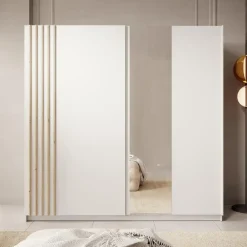 Kledingkasten|Kledingkasten-Meubella - Kledingkast Boets - Wit - Eiken - 200 cm - Met spiegel