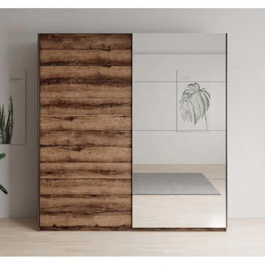Meubella - Kledingkast Brown - Eiken - 180 cm - Met spiegel