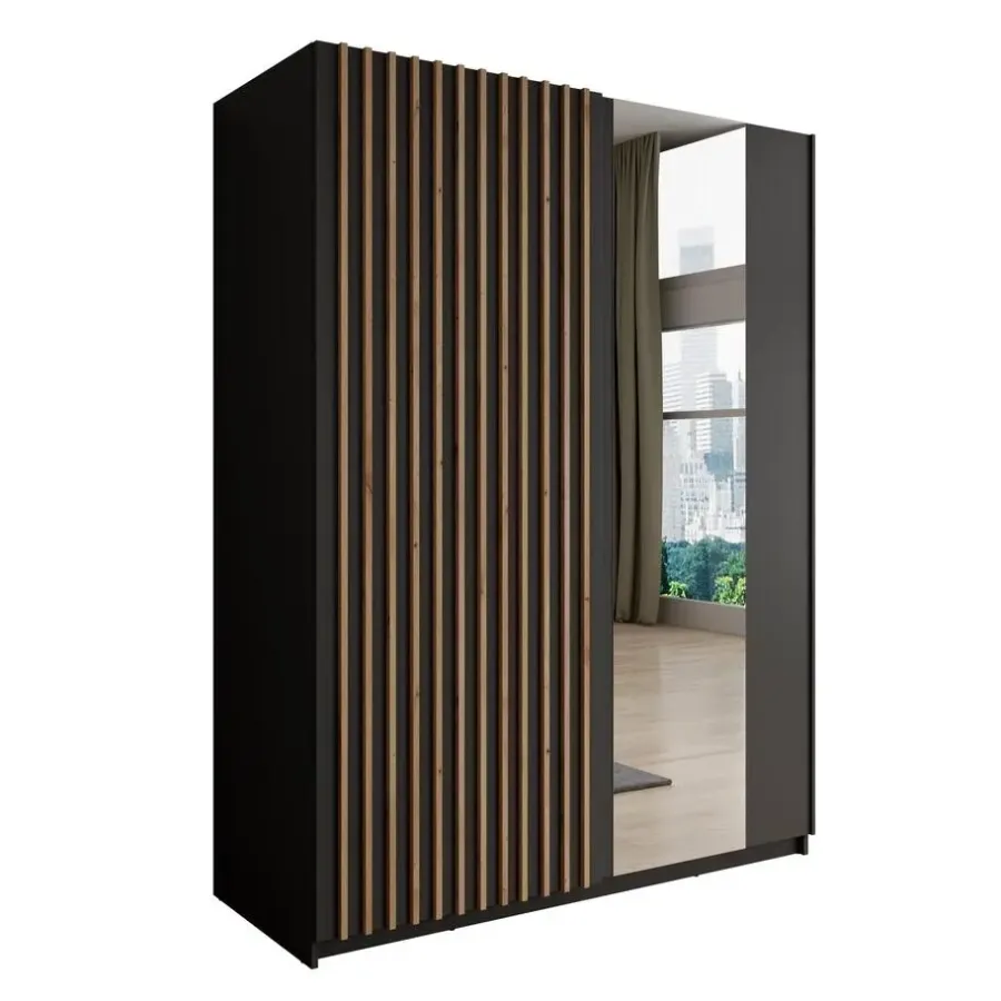 Meubella - Kledingkast Deliryon - Zwart - 150 cm - Met spiegel
