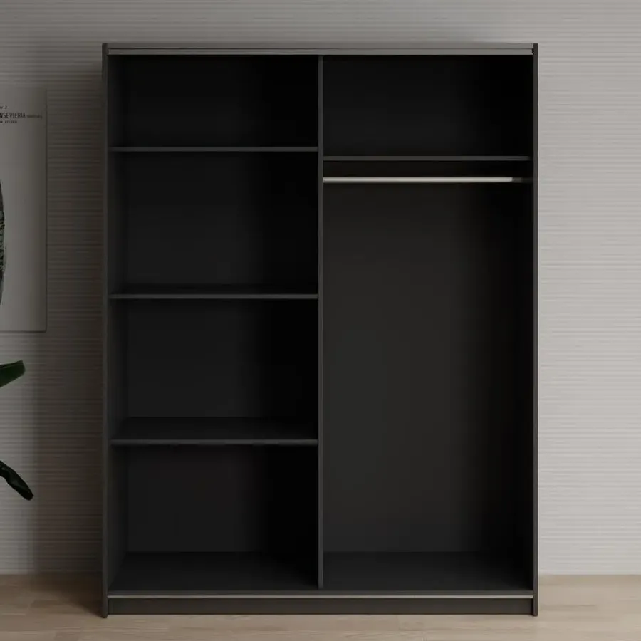 Meubella - Kledingkast Deliryon - Zwart - 150 cm - Met spiegel