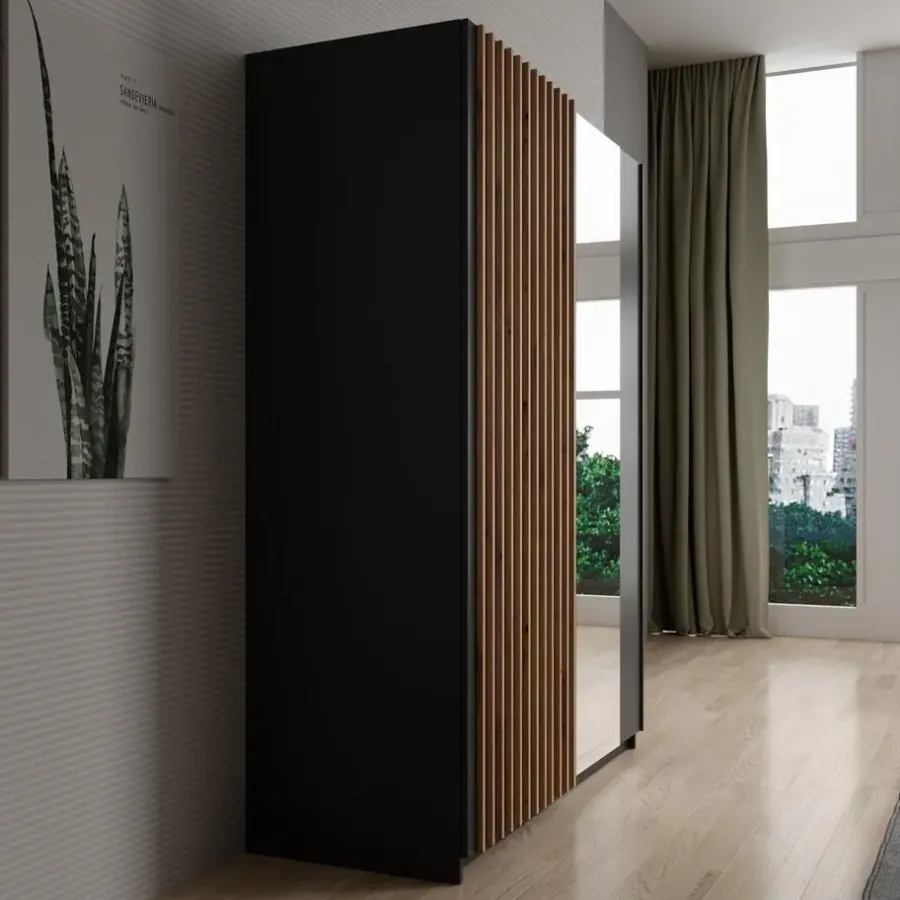 Meubella - Kledingkast Deliryon - Zwart - 150 cm - Met spiegel