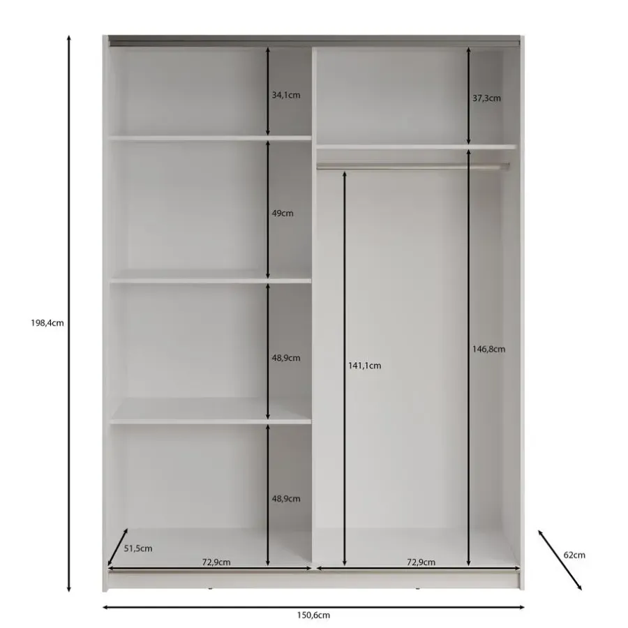 Meubella - Kledingkast Deliryon - Zwart - 150 cm - Met spiegel