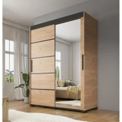 Kledingkasten|Kledingkasten-Meubella - Kledingkast Fabio - Eiken - 150 cm - Met spiegel