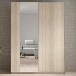 Meubella - Kledingkast Ganaro - Eiken - 150 cm - Met spiegel