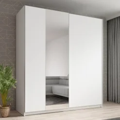 Schuifdeurkasten-Meubella - Kledingkast Ganaro - Wit - 180 cm - Met spiegel