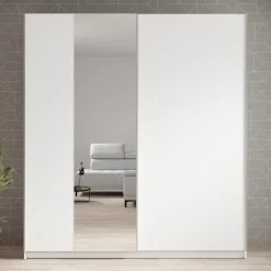 Schuifdeurkasten-Meubella - Kledingkast Ganaro - Wit - 180 cm - Met spiegel
