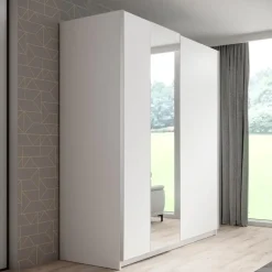 Schuifdeurkasten-Meubella - Kledingkast Ganaro - Wit - 180 cm - Met spiegel