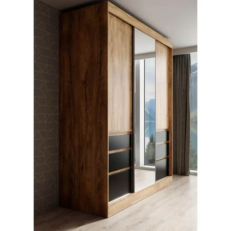Kledingkasten|Kledingkasten-Meubella - Kledingkast Henry - Eiken - Zwart - 180 cm - Met spiegel