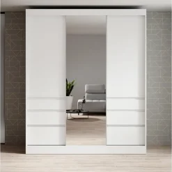 Schuifdeurkasten-Meubella - Kledingkast Henry - Wit - 180 cm - Met spiegel