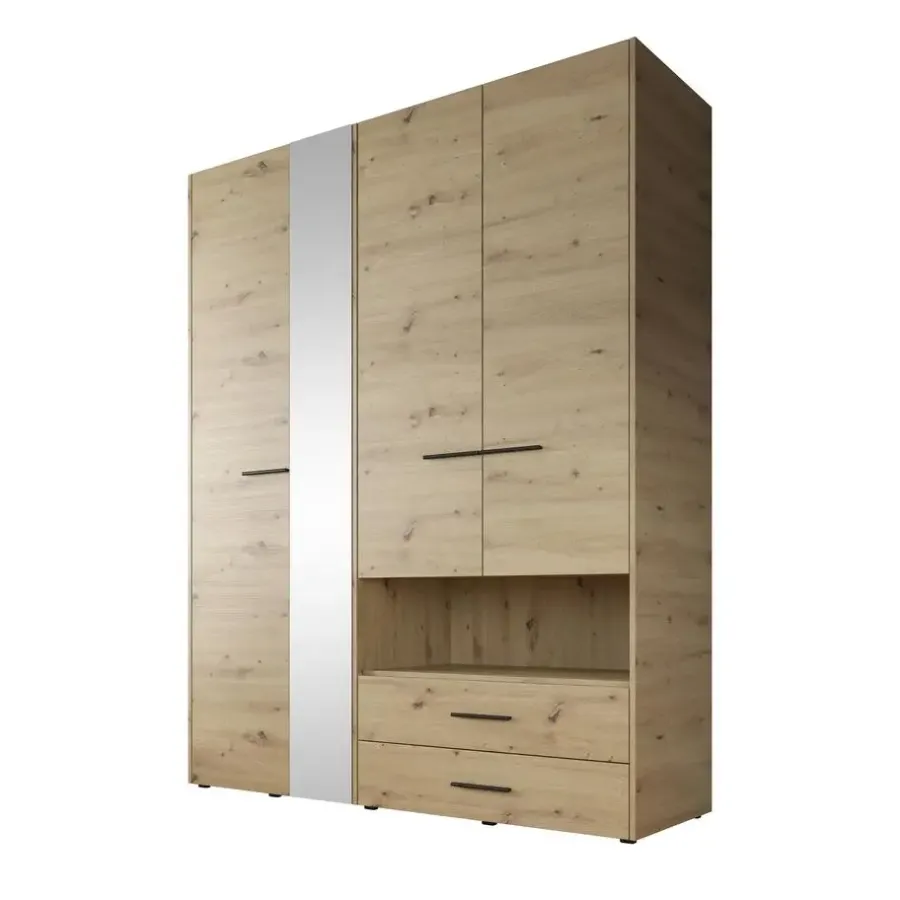 Kledingkasten|Kledingkasten-Meubella - Kledingkast Laura - Eiken - Zwart - 161 cm - Met spiegel