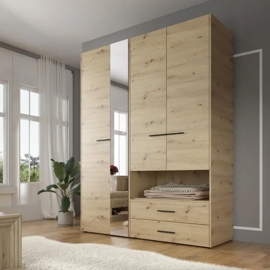 Kledingkasten|Kledingkasten-Meubella - Kledingkast Laura - Eiken - Zwart - 161 cm - Met spiegel