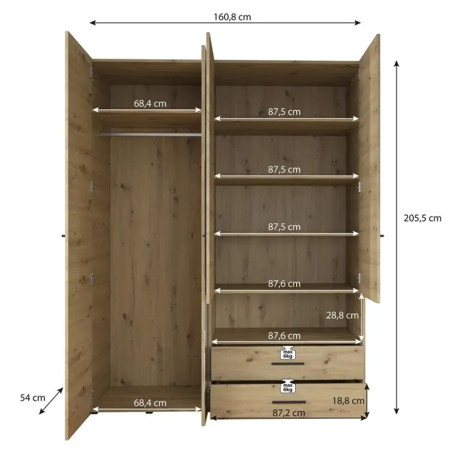 Kledingkasten|Kledingkasten-Meubella - Kledingkast Laura - Eiken - Zwart - 161 cm - Met spiegel