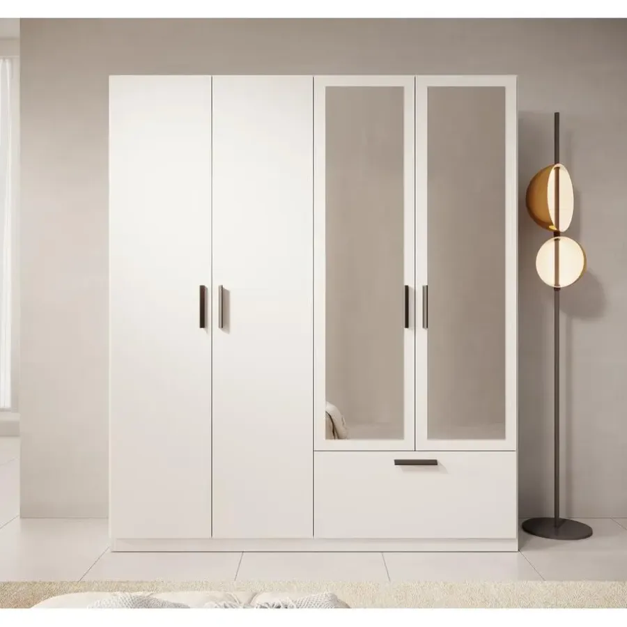 Draaideurkasten-Meubella - Kledingkast Lillian - Wit - 180 cm - Met spiegel