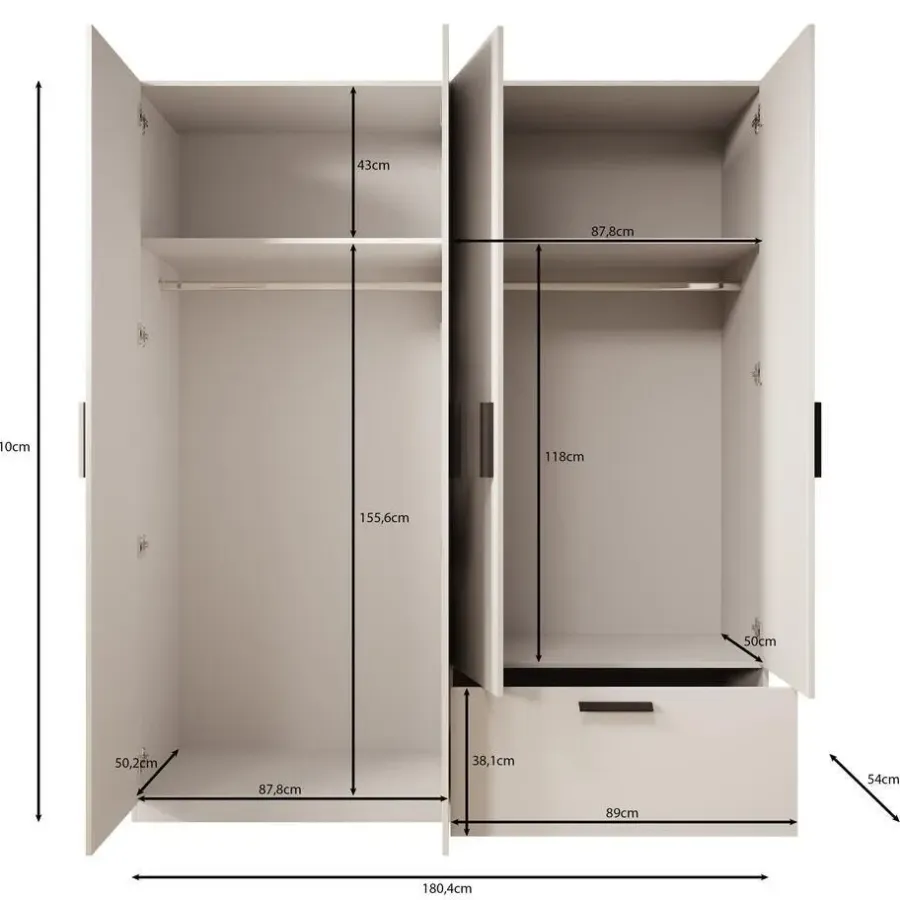 Draaideurkasten-Meubella - Kledingkast Lillian - Wit - 180 cm - Met spiegel