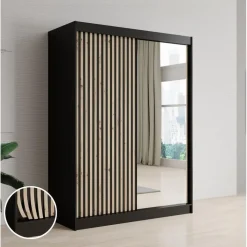 Kledingkasten|Kledingkasten-Meubella - Kledingkast Lisbon 2 - Zwart - 150 cm - Met spiegel