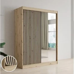 Meubella - Kledingkast Lisbon 2 - Eiken - 150 cm - Met spiegel