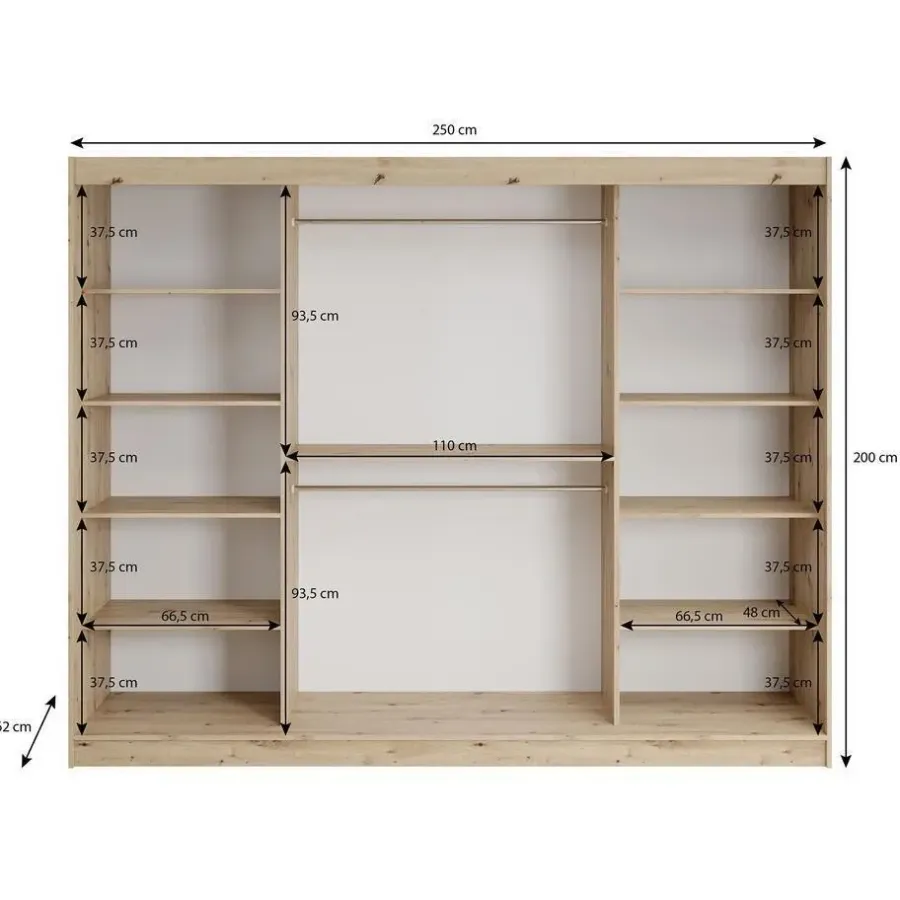 Meubella - Kledingkast Lisbon 2 - Eiken - 250 cm - Met spiegel