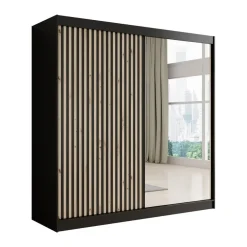 Schuifdeurkasten-Meubella - Kledingkast Lisbon 2 - Zwart - 200 cm - Met spiegel