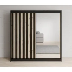 Schuifdeurkasten-Meubella - Kledingkast Lisbon 2 - Zwart - 200 cm - Met spiegel