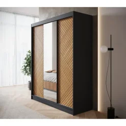 Meubella - Kledingkast Macerata - Zwart - 180 cm - Met spiegel