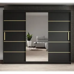Schuifdeurkasten-Meubella - Kledingkast Malavi 2 - Zwart - 250 cm - Met spiegel