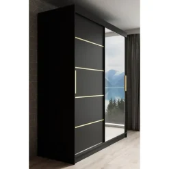 Schuifdeurkasten-Meubella - Kledingkast Malavi 2 - Zwart - 180 cm - Met spiegel